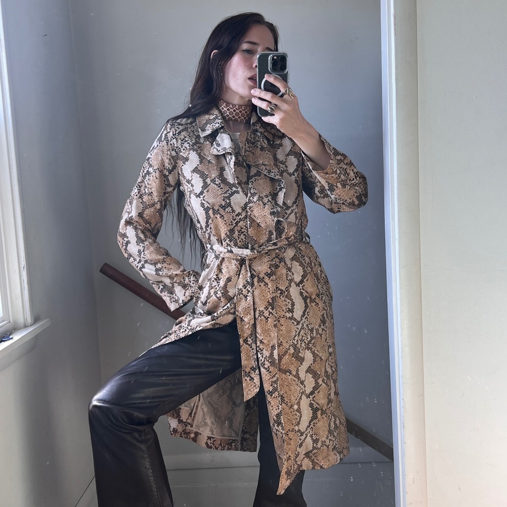 Vintage Y2K H&M Snakeskin Print Longline Duster Coat Belted Trench Jacket